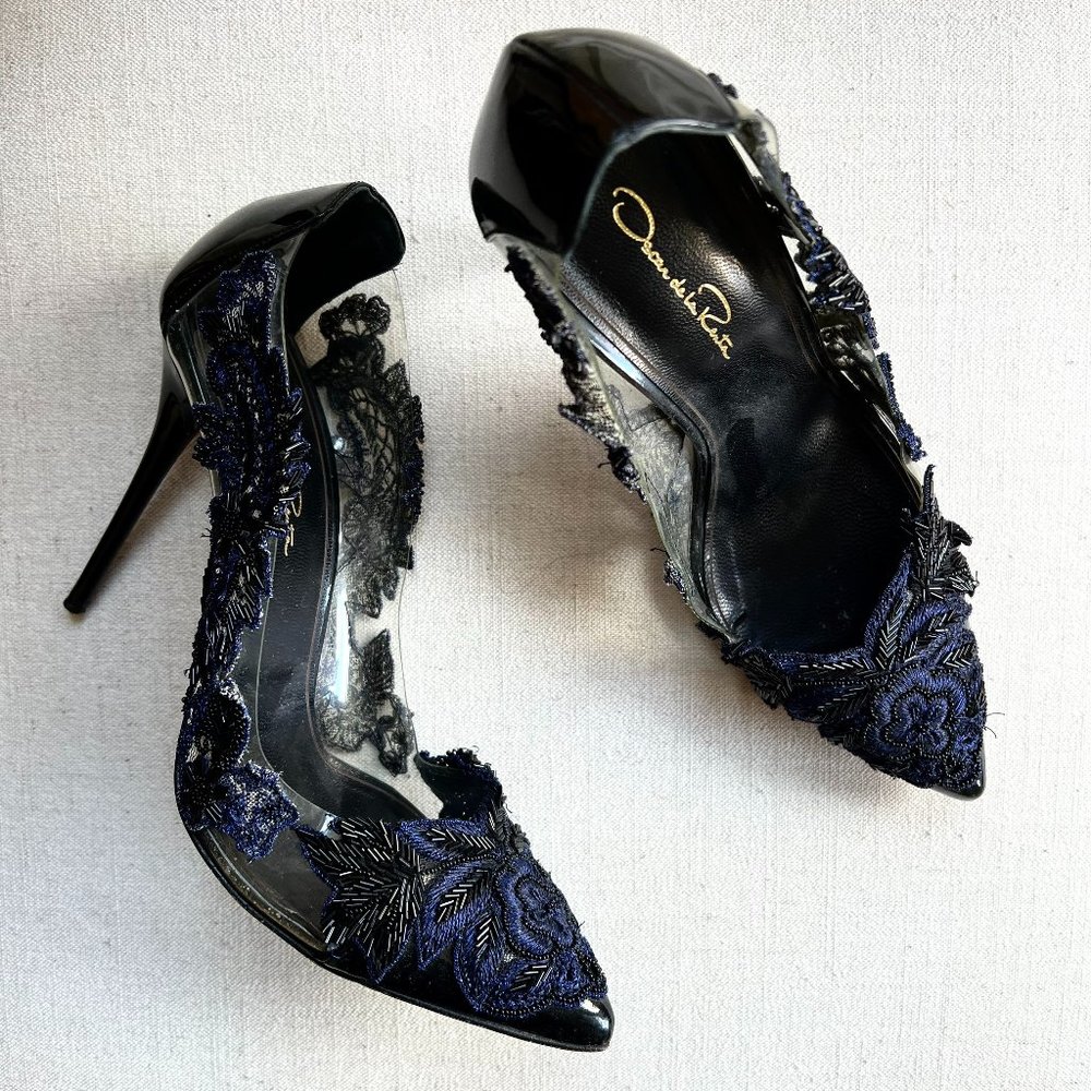 Oscar de la Renta Navy and Black Beaded Pumps - SIZE 40EU